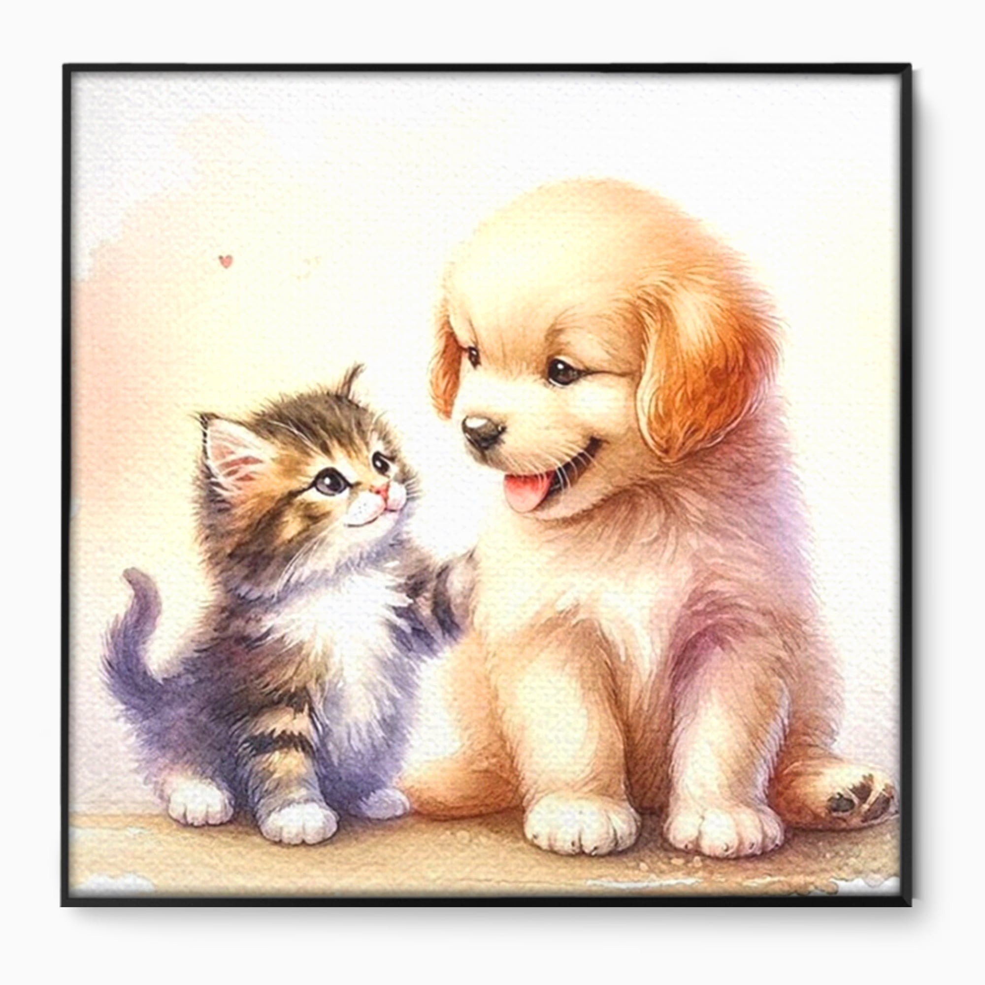 Tablou canvas cu ilustratie acuarela cu catel si pisicuta, in rama de aluminiu negru